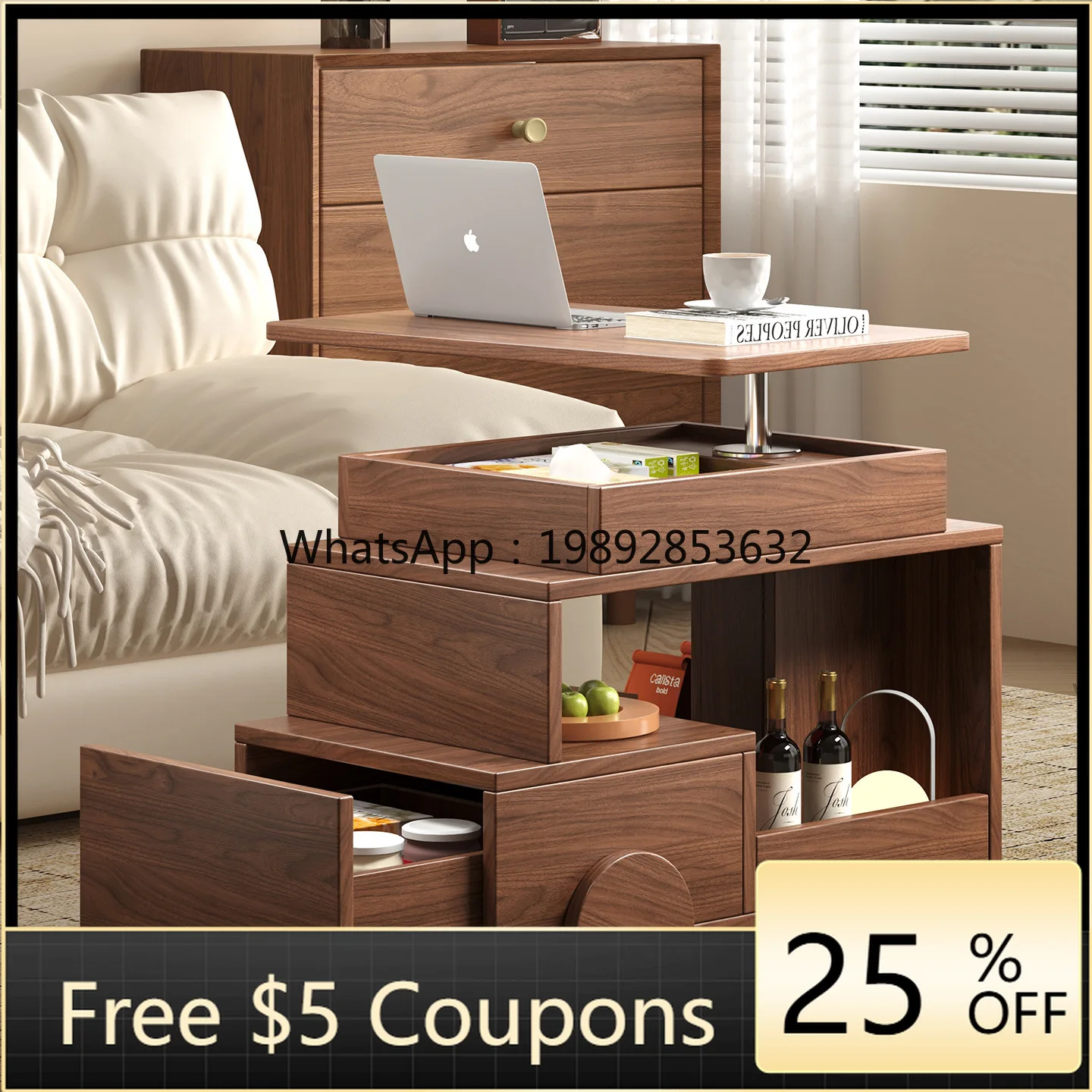 

LYY Sofa Side Table High-End Creative Snack Trolley Home Living Room Mobile Lifting Rotating Side Cabinet Storage Organizer