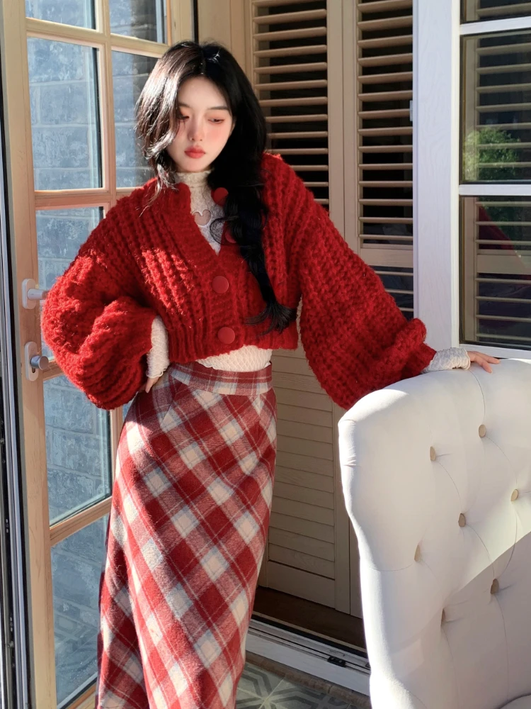 2024 Spring New Sweet 3 Piece Skirt Set Women Office Lady Short Knitted Cardigan + Casual Slim Vest + Y2k Retro Plaid Midi Skirt