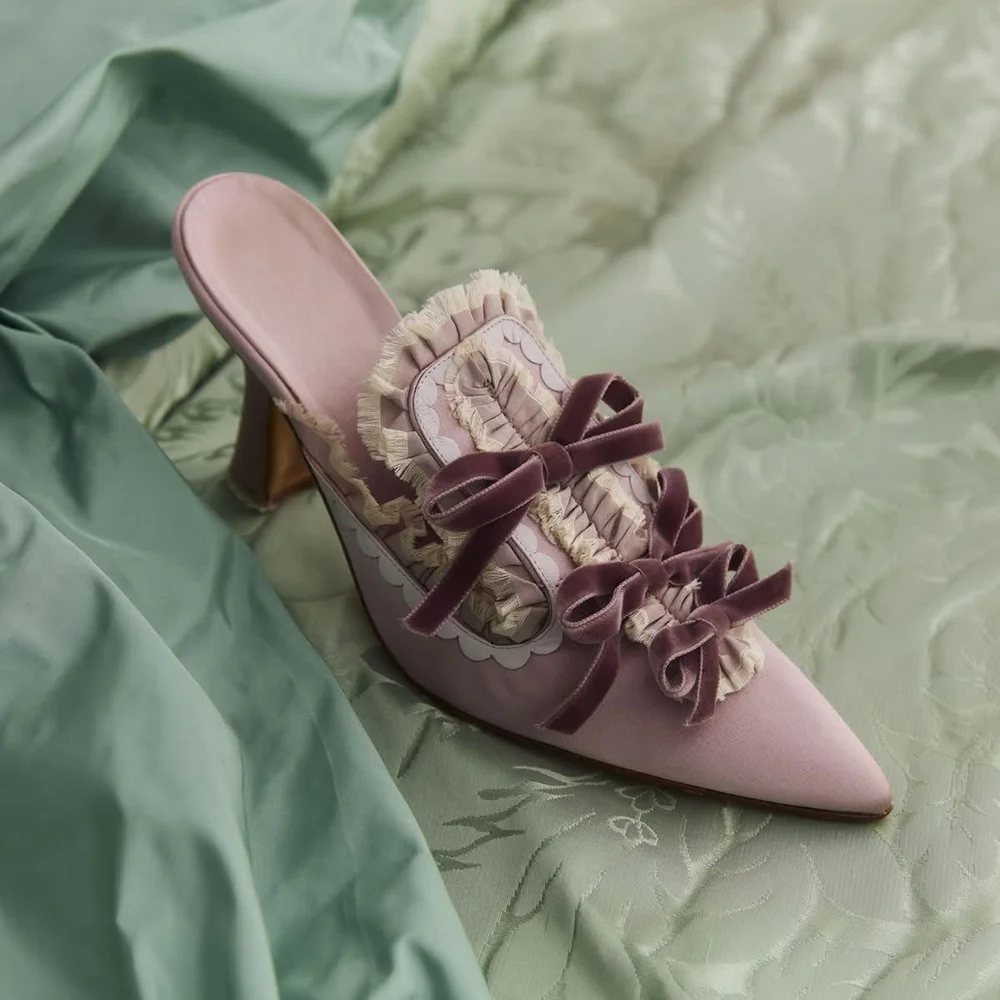 Elegant Retro Dusty Pink Satin Mule Heels Velvet Bow Ruffled Lace Detail Pointed Toe Open-Back Chunky Heel Pumps Daily Outfits