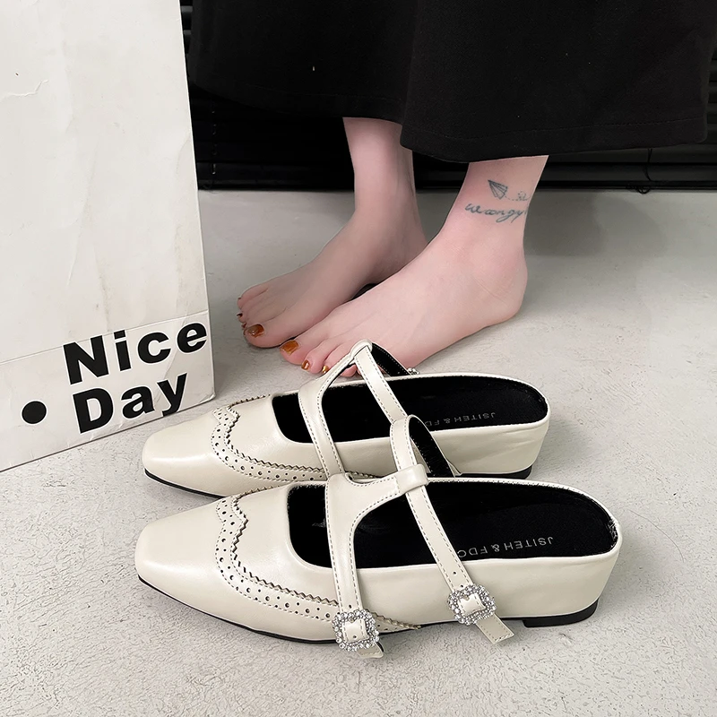 Elegant Crystal Buckle Strap Mules Woman British Style Brogue Punches Ballet Flats Ladies Summer Slip-on Backless Dress Shoes