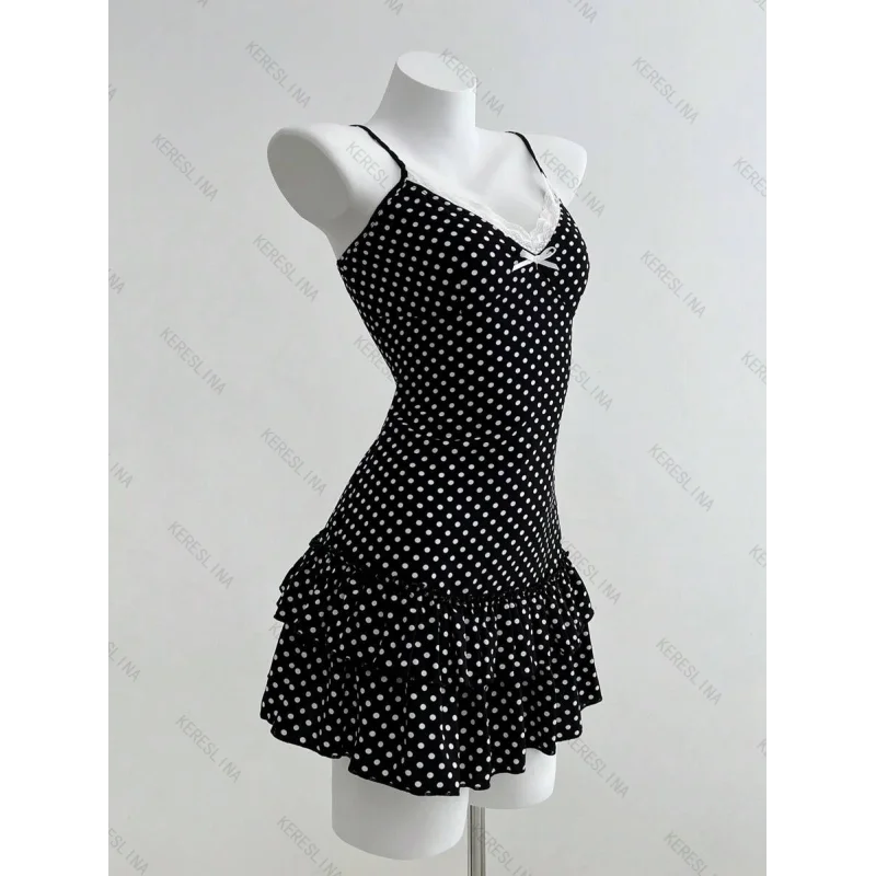 Y2k Sweet Polka dot Aesthetics Bowknot Lace cutie Harajuku classic Graphic High street Vintage casual slim fit suspender Dress view 2