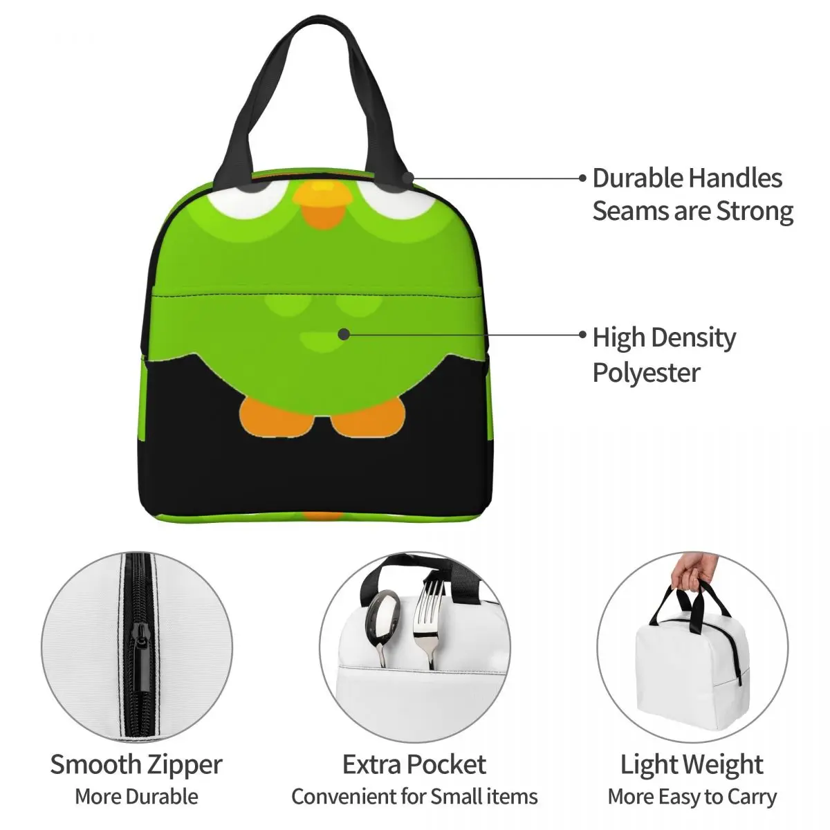 Duolingo Owl Duo Lunch Bag Unisex Portable Cooler Thermal Insulated Lunch Box Picnic Storage Food Bento Box