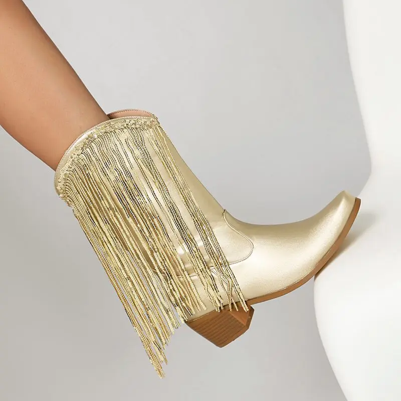 

ORCHALISA Дизайнерские сапоги до середины икры с кисточками, женские ковбойские повседневные ботильоны без шнуровки с бахромой, большие размеры 45, 46, серебро