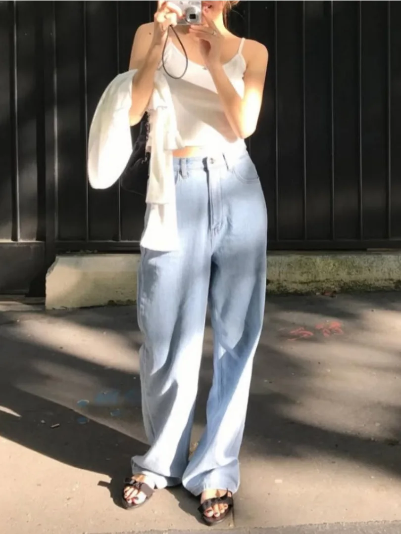 

Лето 2023, новинка Sle Dongdaemun Tan * At, корейские эстетические светло-голубые прямые джинсы, женские длинные брюки с высокой талией на молнии