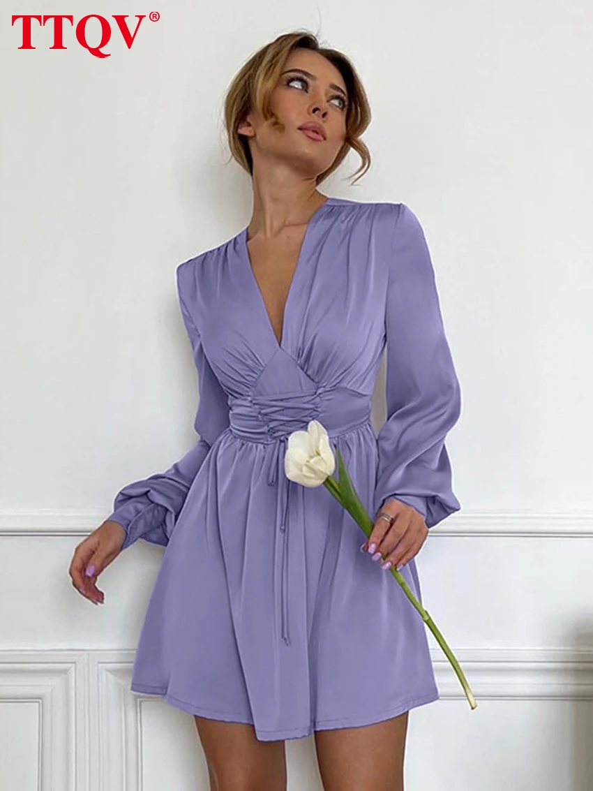 

TTQV Fashion Loose Purple Satin Women's Dress 2026 Sexy V-Neck Long Sleeve Mini Dresses Elegant Classic High Waist Female Dress