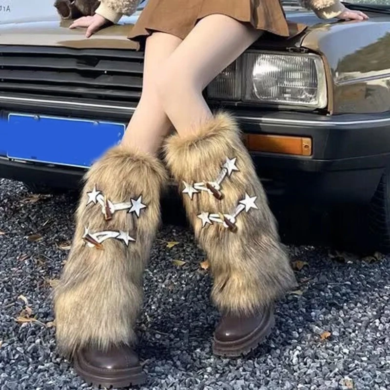 

Elegant Soft Leg Warmers for Women Vintage Star Horn Buttons Fuzzy Boot Covers