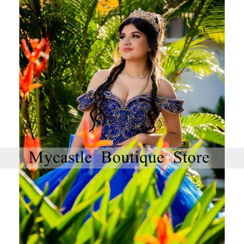 Mexico Royal Blue Beaded Lace Quinceanera Dresses Ball Gown 2025 Bow Appliques Sweet 16 Dress Customized Vestidos De Quinceañera