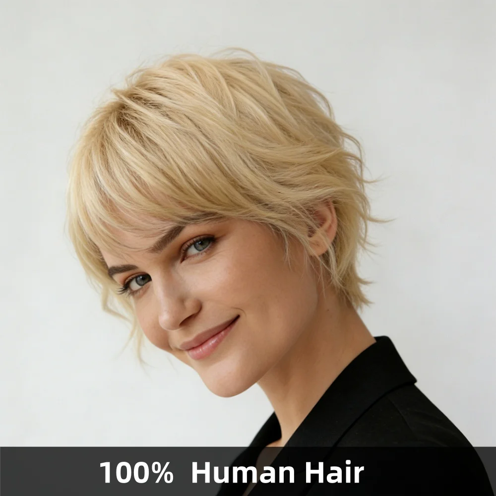 

Парик Highlight 613 Blonde Pixie Cut, 100% натуральные волосы, 6 дюймов, короткий прямой парик с челкой, полностью машинной работы, для вечеринок и повседневной носки.