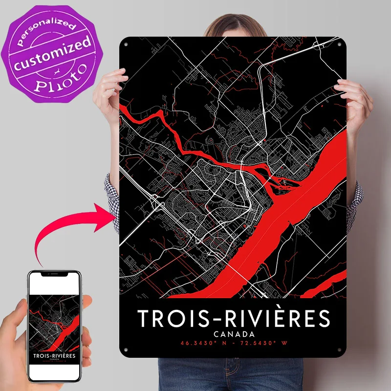 Trois-Rivières Dark Map Personalized 3D Textured Metal Poster Wall Art Vintage Tin Signs for Bar Accessories Decor Living Room