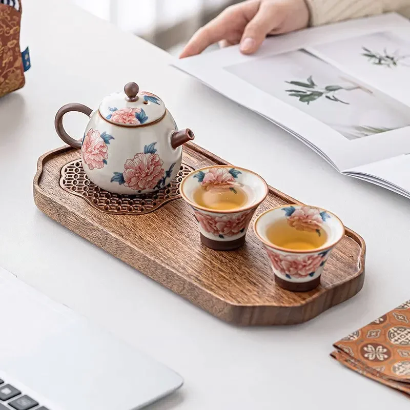 Household Teapot Teacup Kung Fu Tea Set Ru Kiln Hibiscus Flower Travel for Making Tea One Pot Two Cups with Tray Cup