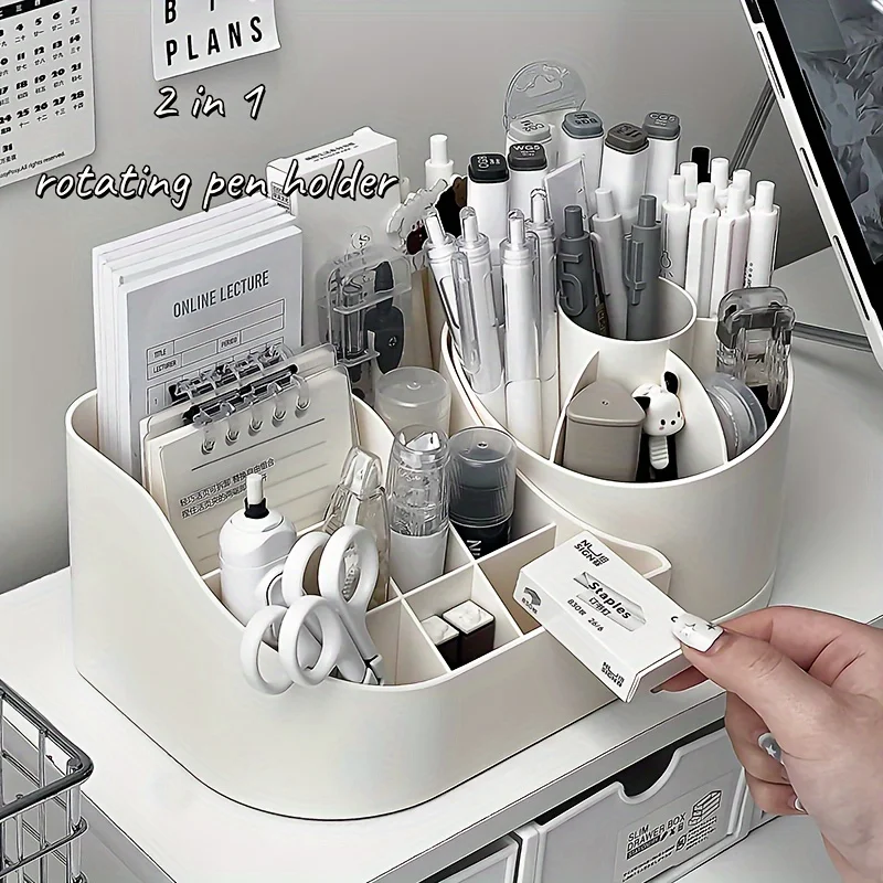 1pc Multi-Functional 2-in-1 Desk Organizer with 360-Degree Rotating Pen Holder, Large Capacity Plastic Storage Caddy for Office