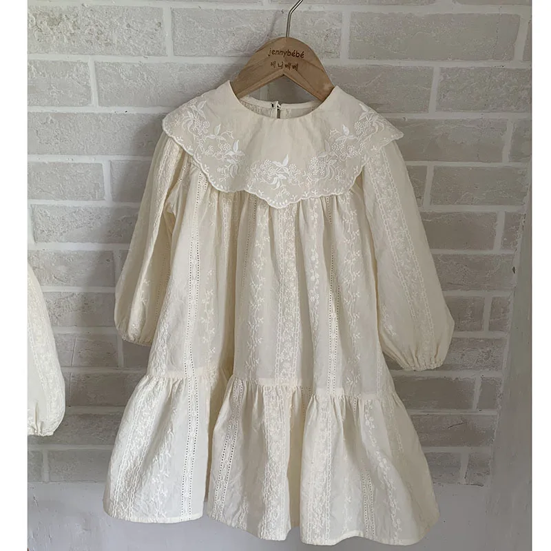 Toddler Girls Dress Spring Autumn Long Sleeve Embroider Lace Collar Dress for Baby Girls Rompers Family Sister Dress Outfits