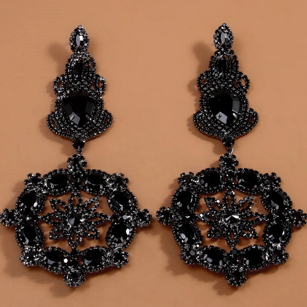 Stonefans Elegant Black Oversize Flower Earrings Piercing Bridal Jewelry Hollow Exaggerated Rhinestone Dangle Earrings for Women