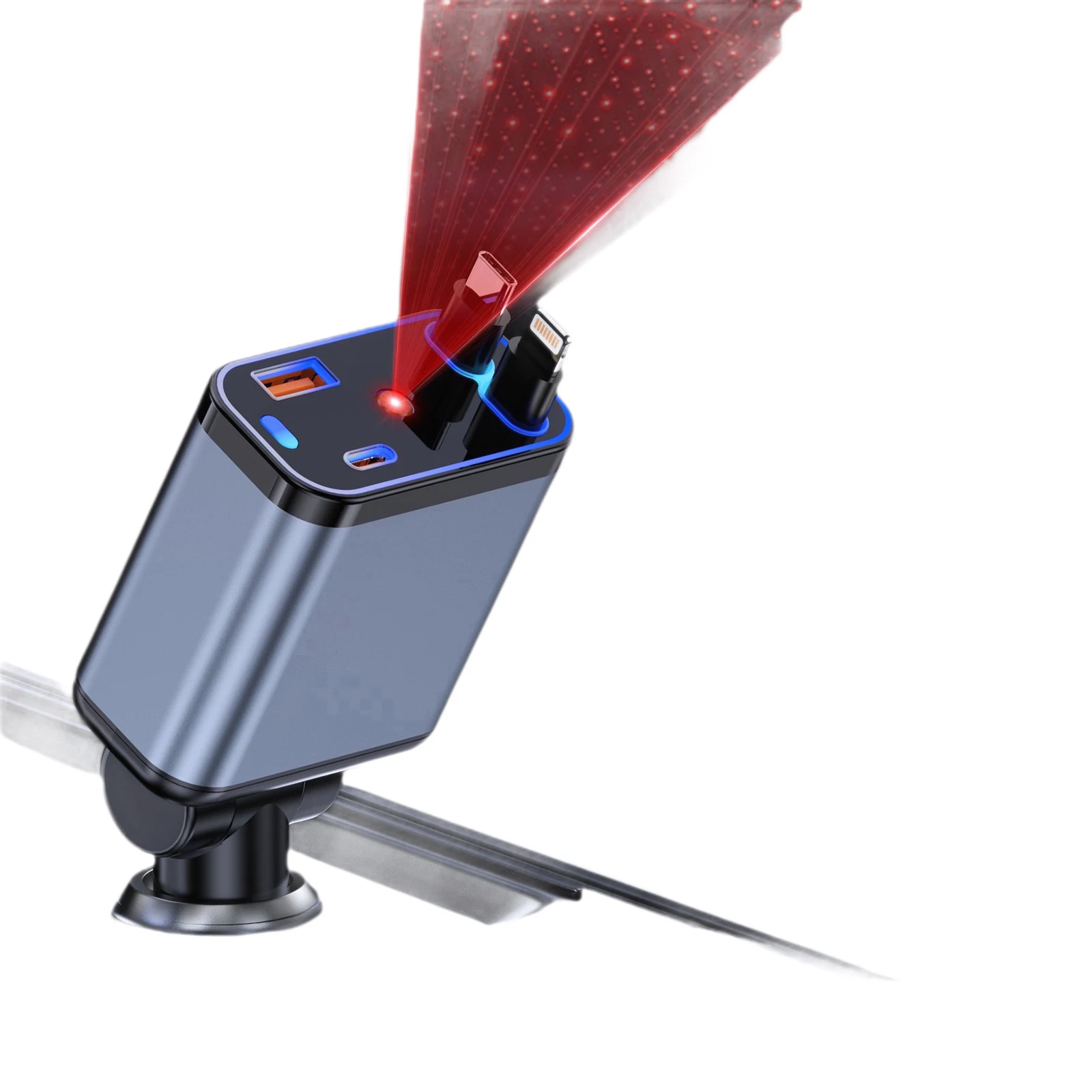 High‑Quality Fast Car Charger With Starry‑Sky Ceiling Projection Ambient Light,Built‑in 80cm Retractable Type‑C&Lightning Cables