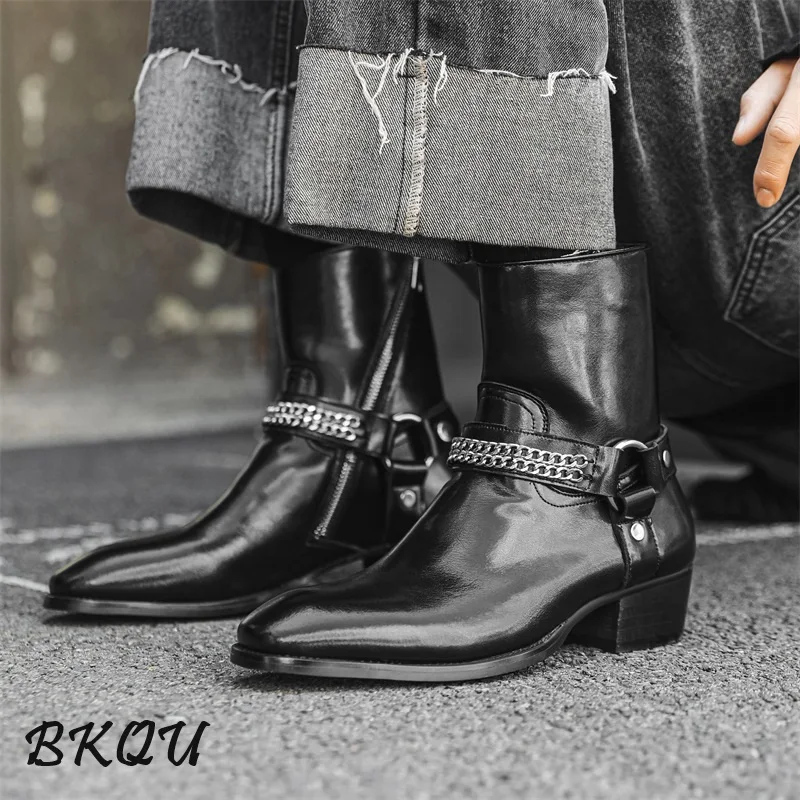 BKQU European Buckle Chelsea Boots for Men, 2025 Autumn Double-layer Leather Pointed Toe High-top Business Boots, Trendy Zipper - Image 2
