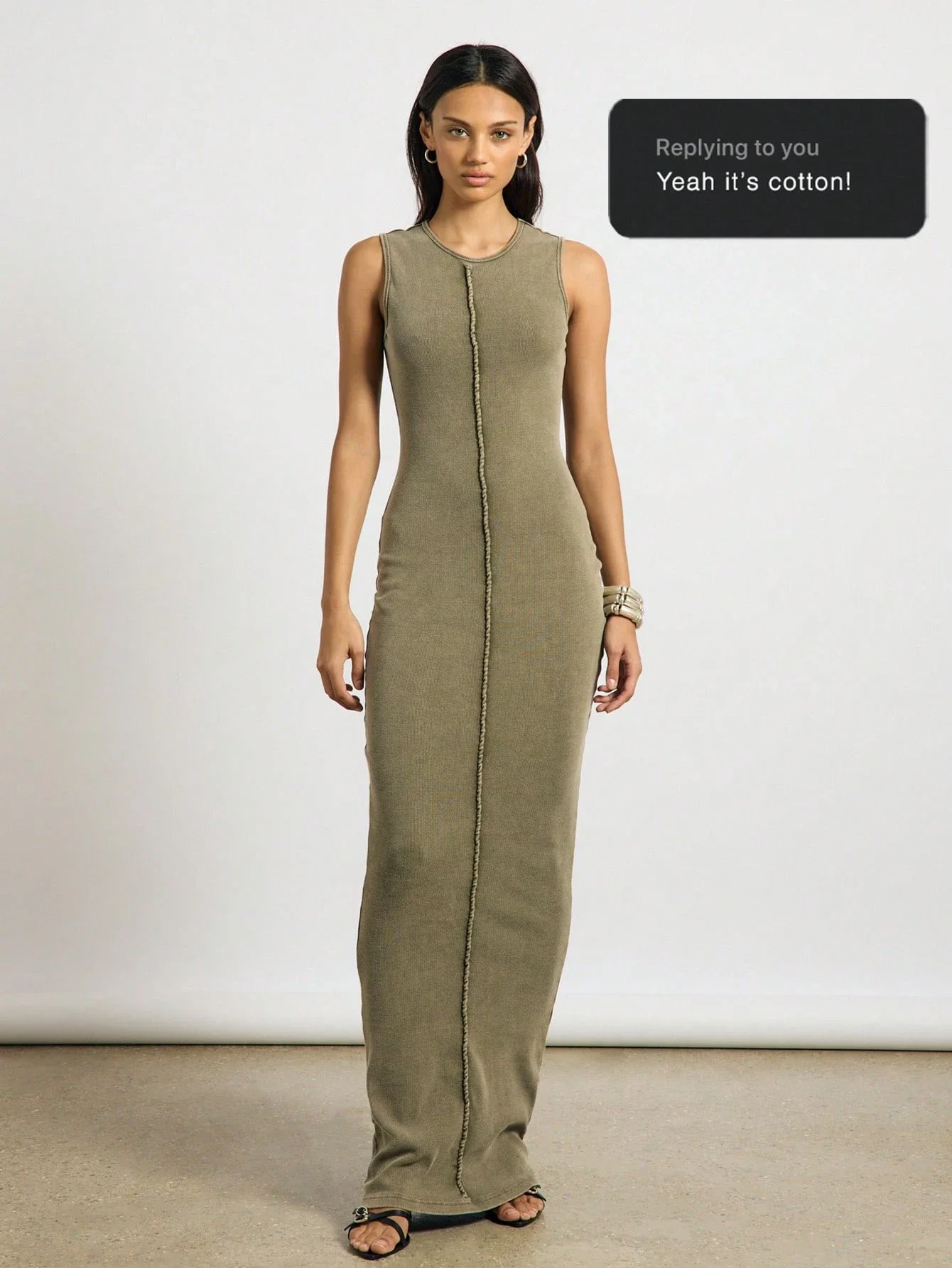 

Ribbed Sleeveless Maxi Dress With Raw Edge Detail Floor Length Casual Summer Party