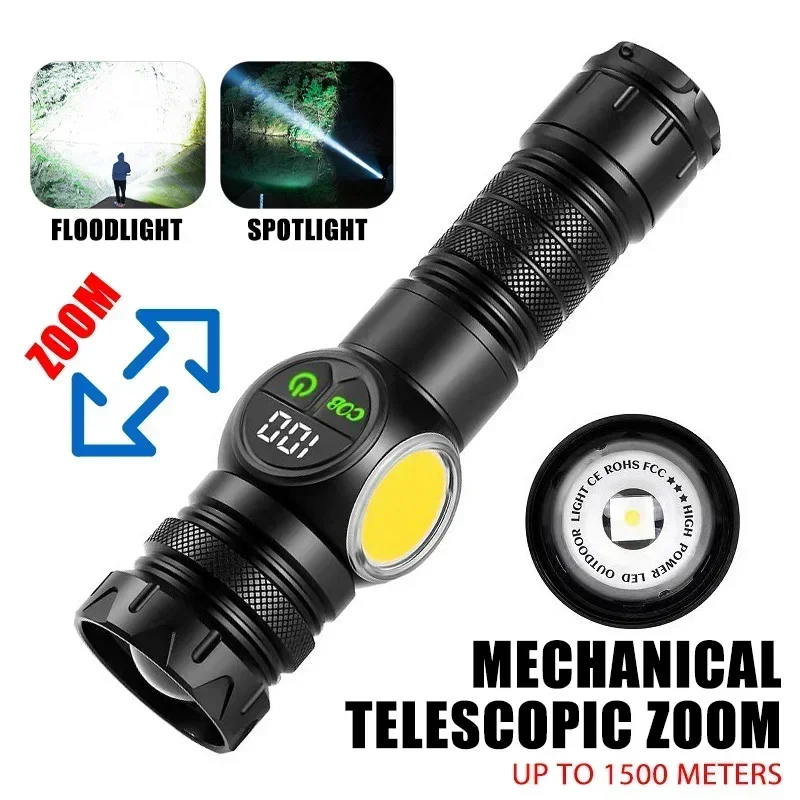 High Power LED COB Flashlight USB Rechargeable Torch Outdoor Searchlight Camping Light Telescopic Zoom Digital Display Lantern