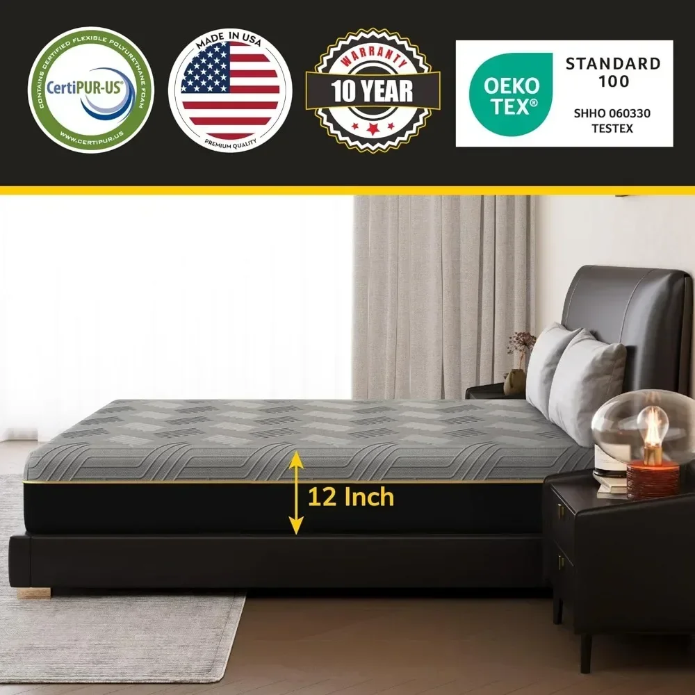 12 Inch Queen Mattress, Copper Gel Cooling Memory Foam Mattress for Back Pain Relief,Therapeutic Double Matress Bed in a Box