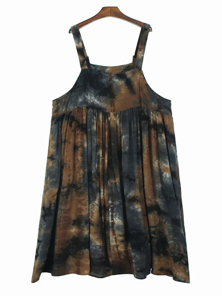 [EAM] Women Tie Dye Pleated Big Size Casual Strap Dress New Square Collar Sleeveless Fashion Tide Spring Autumn 2024  1DH6611