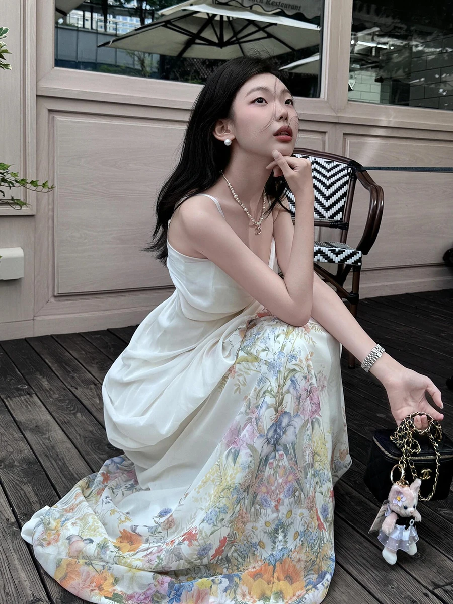 REDDACHiC Floral Flowy Maxi Long Dress Women Sleeveless Corset Draped Spaghetti Straps White Sundress Fairycore Summer Clothes