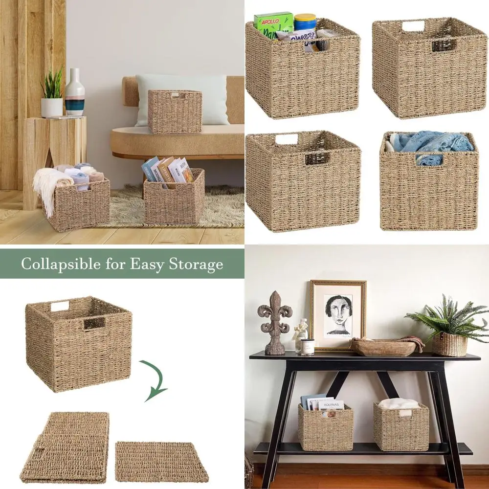 

Набор из 4 больших корзин для хранения из морских водорослей, декоративные плетеные корзины для организации кладовой, складные контейнеры-кубы