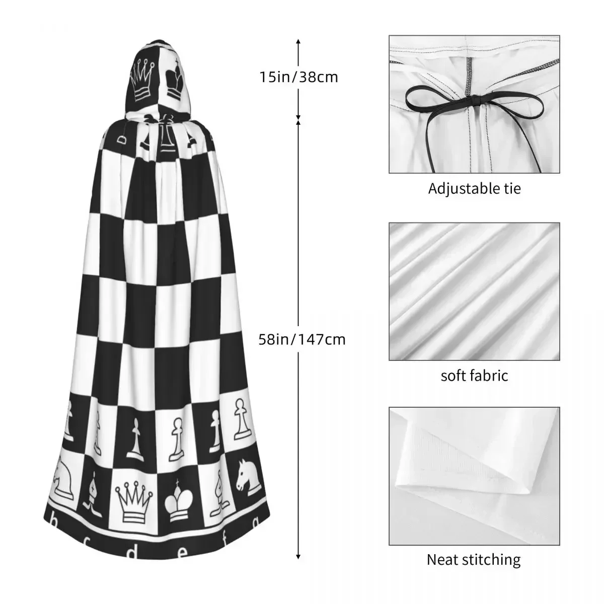 Adult Cloak Cape Hooded Black And White Chess Board Medieval Costume Witch Wicca Vampire Carnival Party