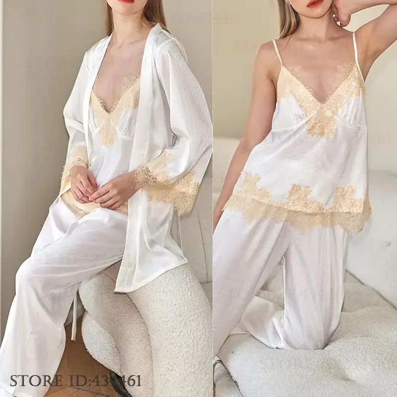 Primavera Autunno Nuovo Femminile 3PCS Pigiama Set Indumenti Da Notte Sexy Accappatoio di Pizzo Pigiama Vestito Allentato Casual Indumenti Da Letto In Raso Vestiti Per La Casa