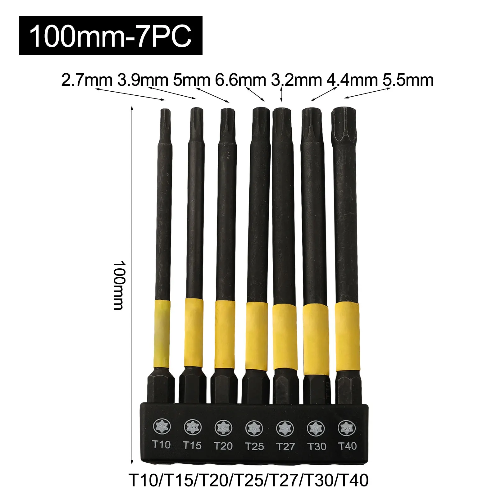 7 قطعة لقمة مفك مع حامل مفك براغي 1/4 "عرافة عرقوب T10-T40 ، 50 مللي متر و 100 مللي متر سبائك الصلب