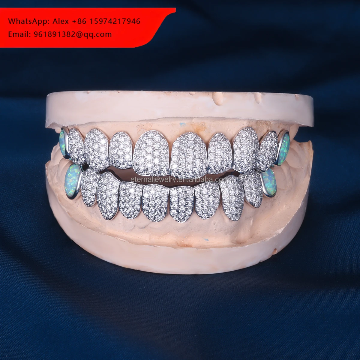 

Customized Iced Out Top & Bottom 10 S925 Silver VVS Moissanite Diamond Opal Gem Grillz Solid White Gold Teeth Grillz