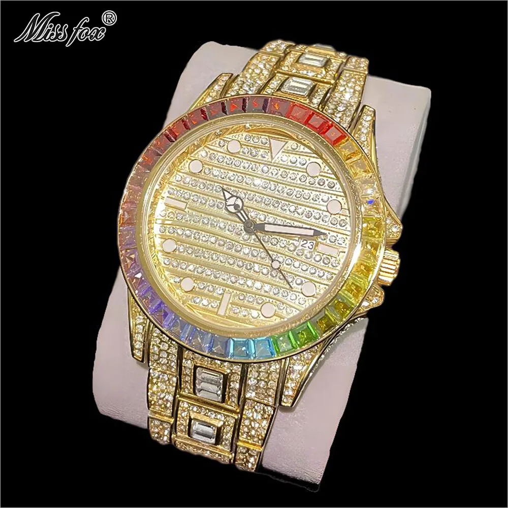 

MISSFOX Luxury Gold Watches Men Iced Out Hip Hop Rainbow Diamond Fashion Quartz Wristwatch Full Steel Waterproof Clock Male Gift