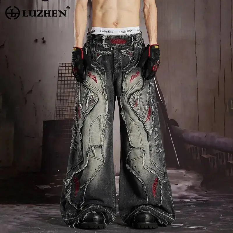 LUZHEN 2026 New Original Burr Outline Patchwork Design Embroidery Straight Jeans Men Streetwear Loose Vintage Denim Pants JY7448