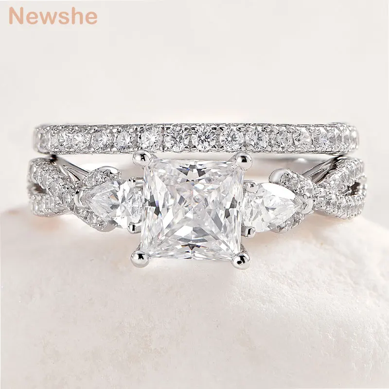 Newshe 2 Pcs Wedding Ring Set 925 Sterling Silver 1.7 Ct Princess Pear Cut AAAAA CZ Engagement Rings for Women Trendy Jewelry