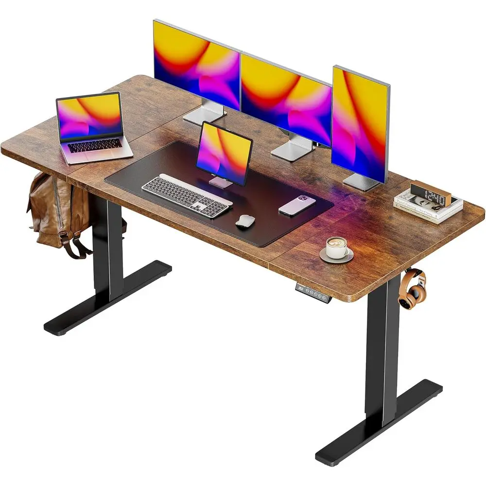 

DAFIFY Height Adjustable Computer Desk, 27.6 Deep, Stand Up Gaming Office Desk with 2 Hooks, 3 Preset Heights, Rustic Brown