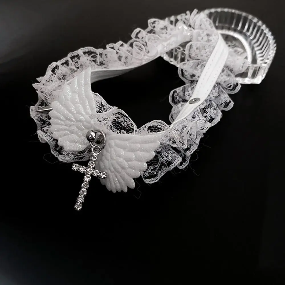 Lolita Jednokolorowy naszyjnik damski Skrzydła anioła Szeroki koronkowy choker Cool Punk Style Skórzany naszyjnik Prezent