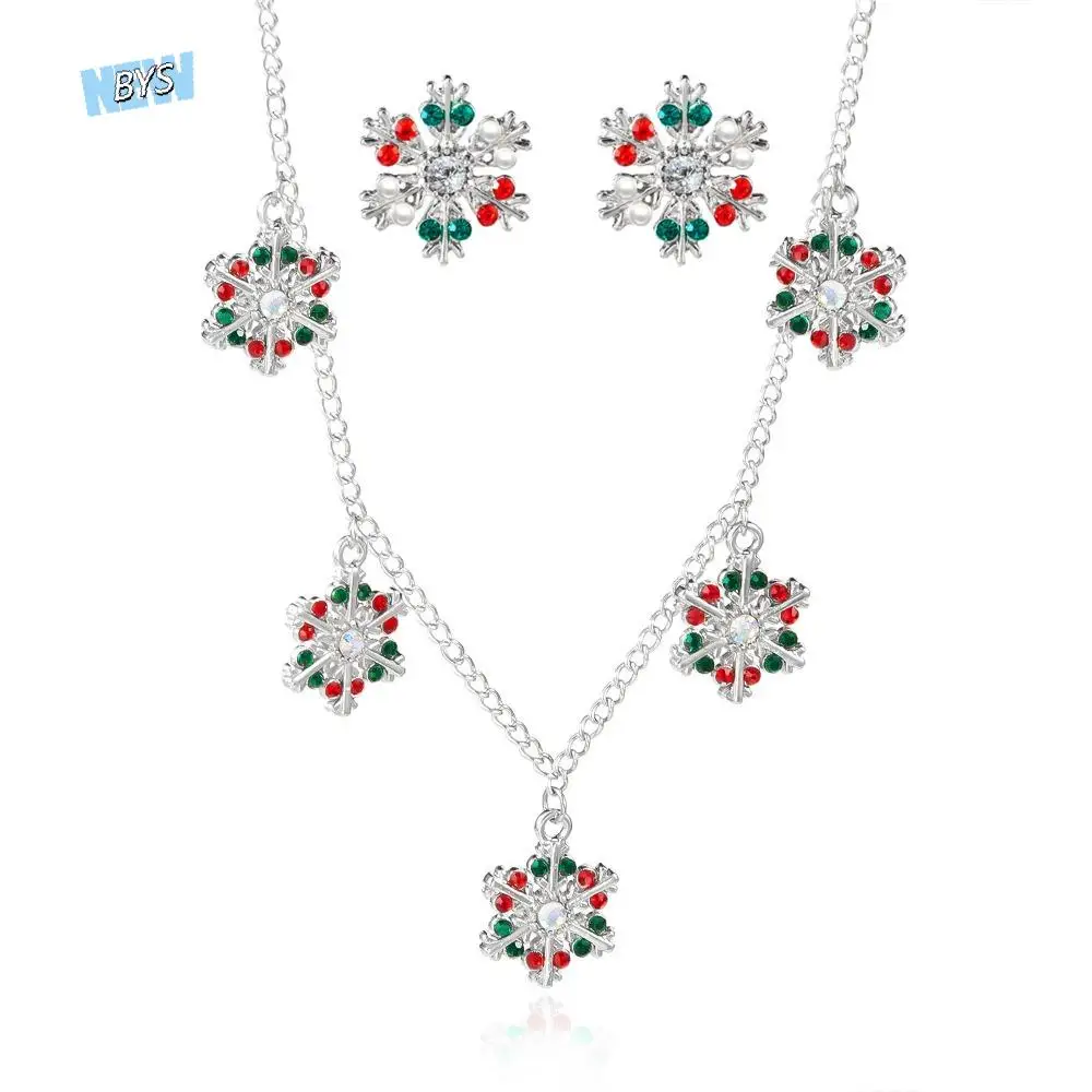 

Luxury Zinc Alloy Christmas Jewelry Set Rhinestone Colorful Xmas Dangle Earrings Pendant Snowflake Necklace Party