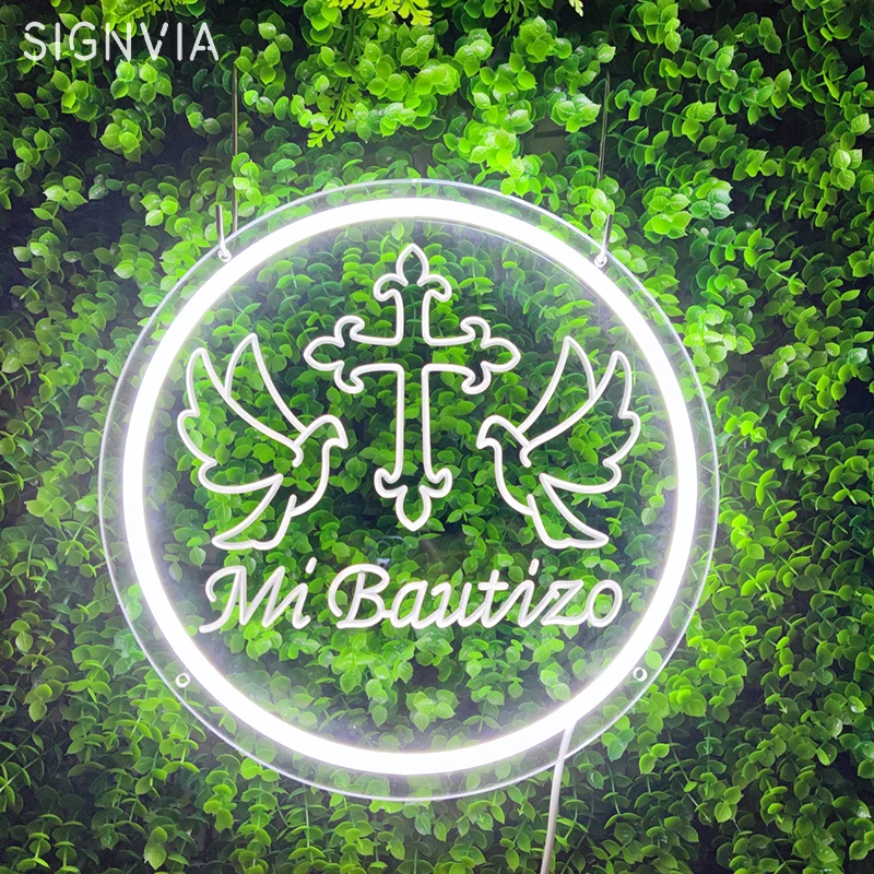 Mi Bautizo LED Neon Sign White Circular USB Wall-Mount Hanging Decor Wall LED Neon Lighting Sign for Parties Home With Lampstand