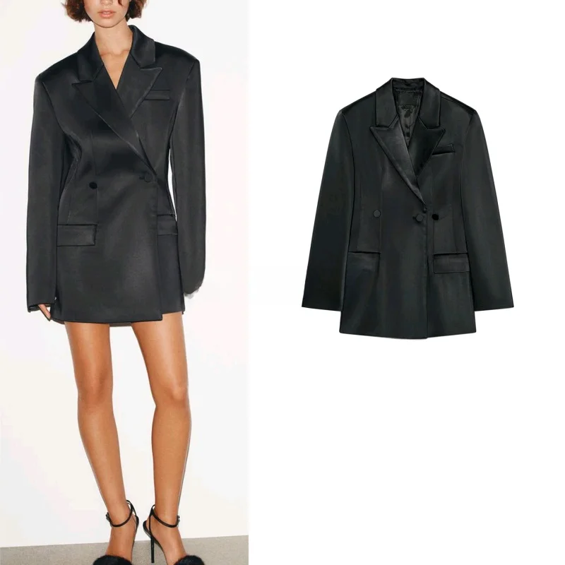 

Новый зимний женский пригородный костюм Long Sve Satin Feel Suit Jaet с откидным воротником из полиэстера Busin ort Length