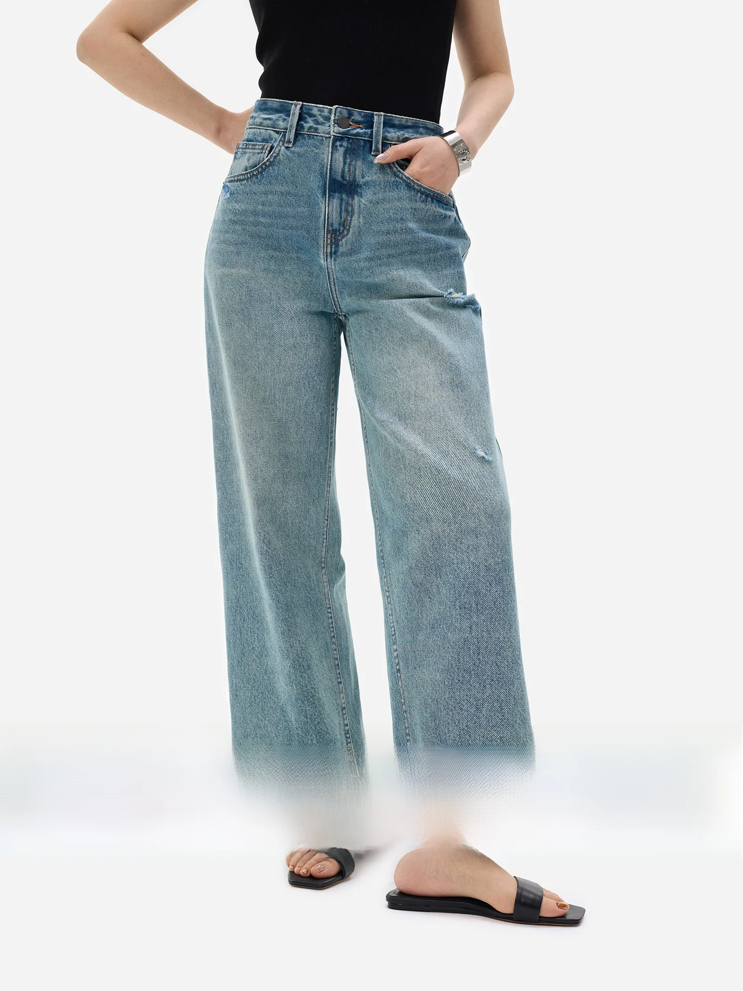 

Джинсы eGuYue 3D Embroidery King с вышивкой, экологичные, с эффектом потертости, укороченные, повседневные, широкие, с высокой талией, из хлопка со стрейчем