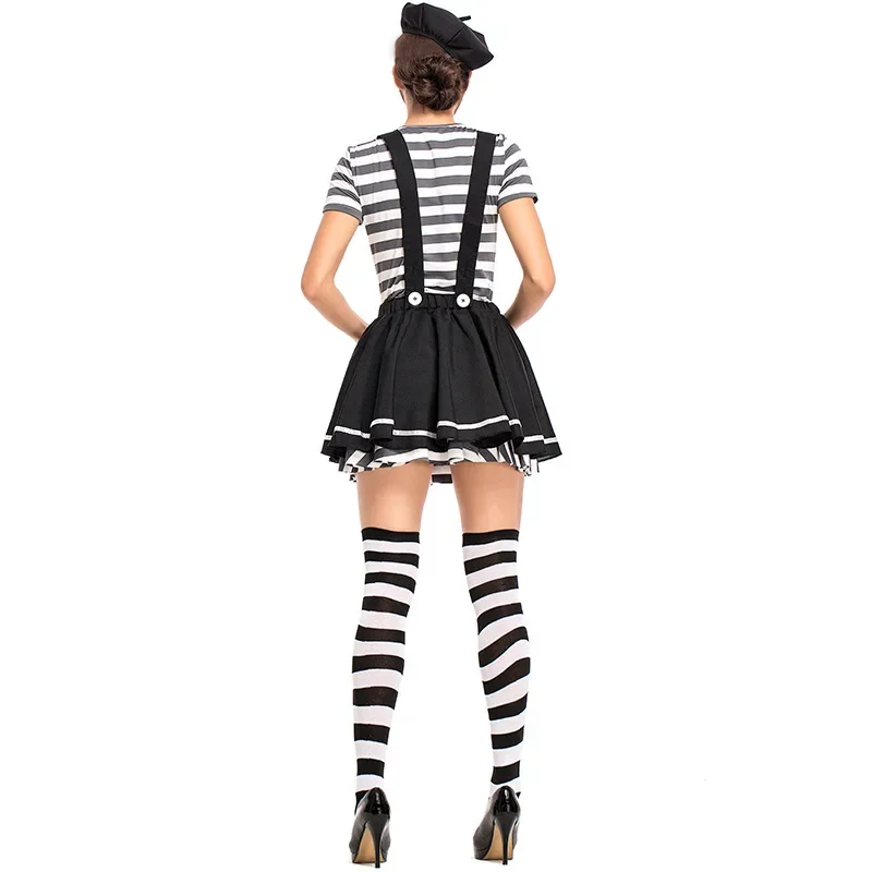 Halloween Volwassen Zwart-Wit Dame Mime Kunstenaar Kostuum Art Street Stage Performance Fantasia Verkleedkleding