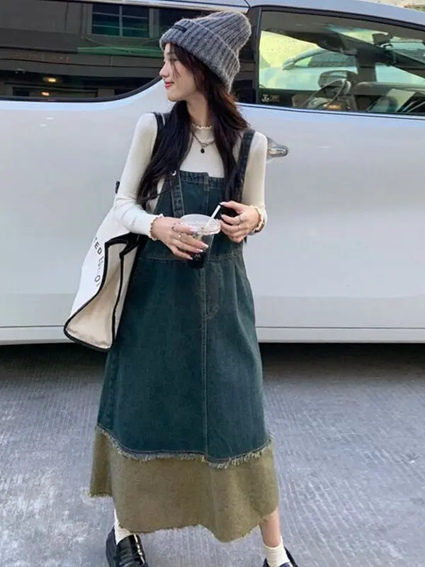 Slimming Effect Slim Fit Denim Overalls Dress Women's Spring Autumn Medium Length Strapless Dress plus Size College Style