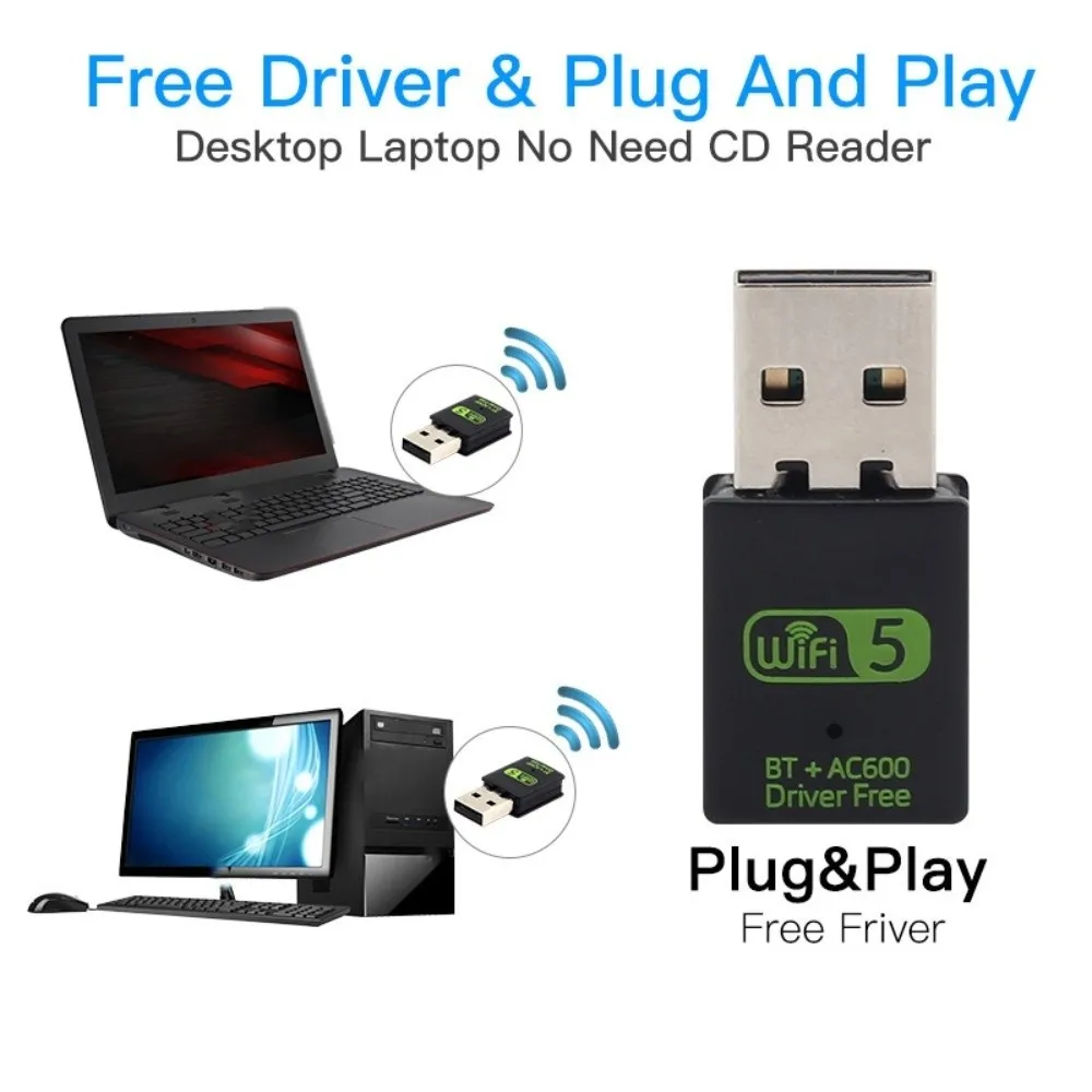 600Mbps Bluetooth 5.0 2 em 1 Dongle Bluetooth BT + AC600 Adaptador de rede Wifi Driver grátis USB2.0 Placa de rede sem fio