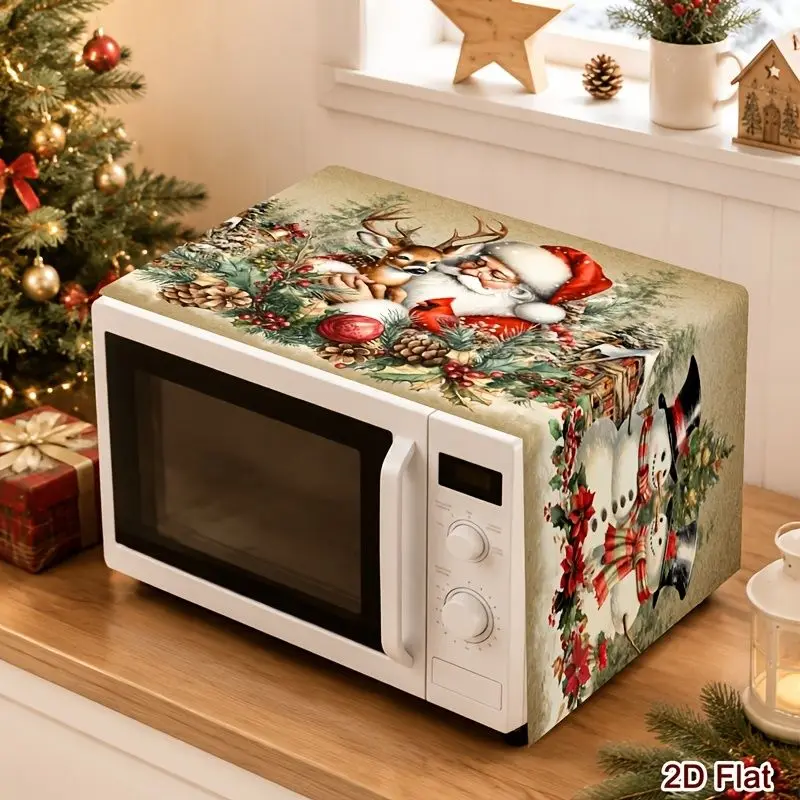 VIKAMA Vintage Christmas Kitchen Microwave Dust Cover Santa Reindeer Snowman Appliance Cover Holiday Home Decoration