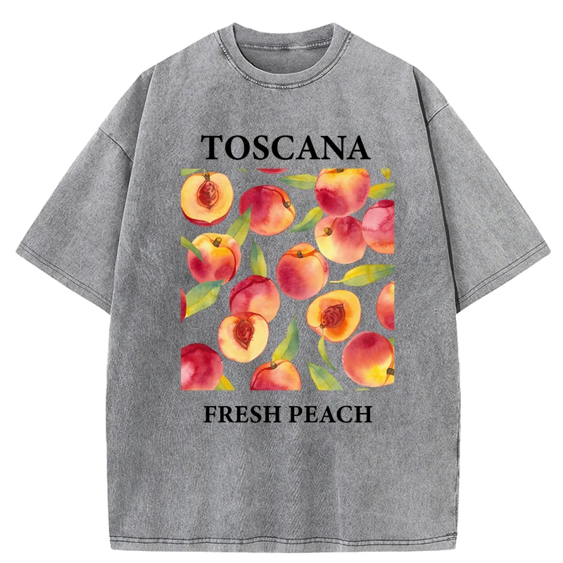 Toscana الطازجة الخوخ الفواكه طباعة المرأة غسلها تي شيرت القطن الهيب هوب تي شيرت عادية Y2K ملابس رياضية الصيف الملابس كبيرة الحجم