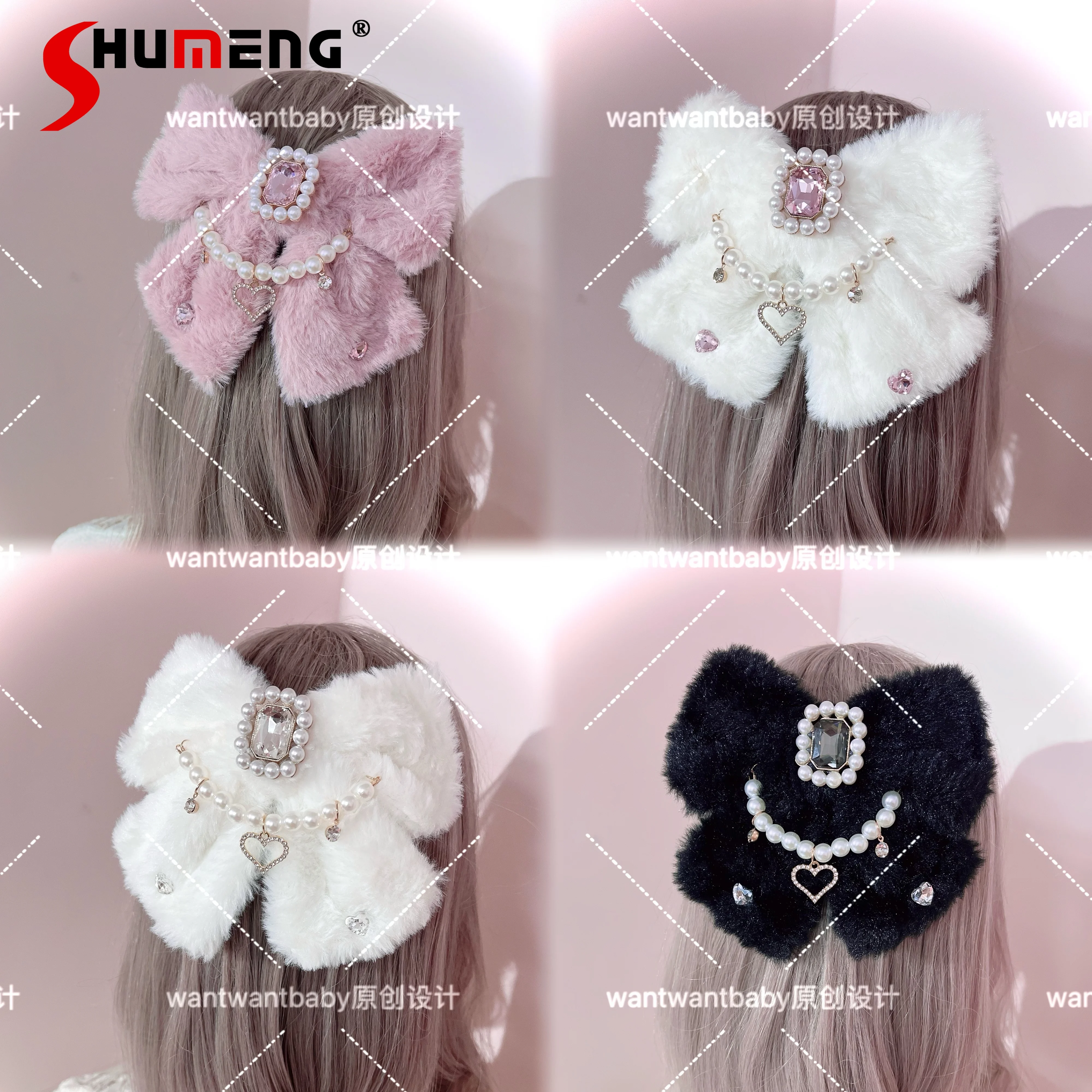 

Original Japanese Style Sweet Cute Hair Accessories Pearl Rhinestone Chain Plush Kawaii Bow Headwear Lolita Hair Clip for Women