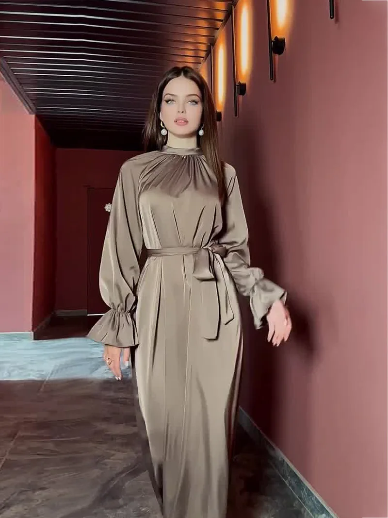 2024 Spring Autumn Modest Solid Color Satin Long Sleeve Dress Belt  Party Women Clothes Graceful Crew Neck Lady Casual Dresses