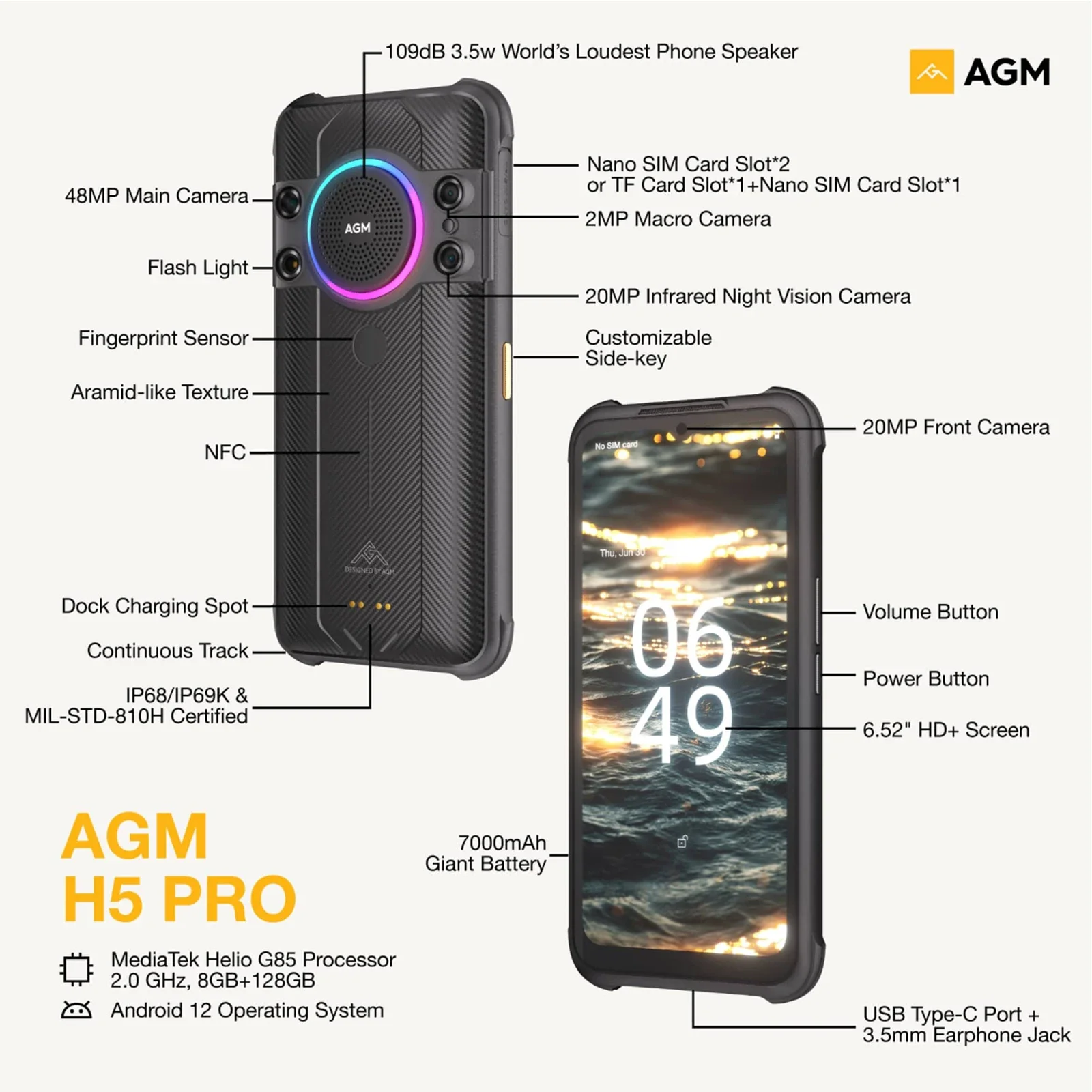 AGM H5 Pro 7000mAh 48MP Main Camera 20MP Night Vision 6+128GB 109dB Speaker Telephone Waterproof 4G Rugged Smartphone