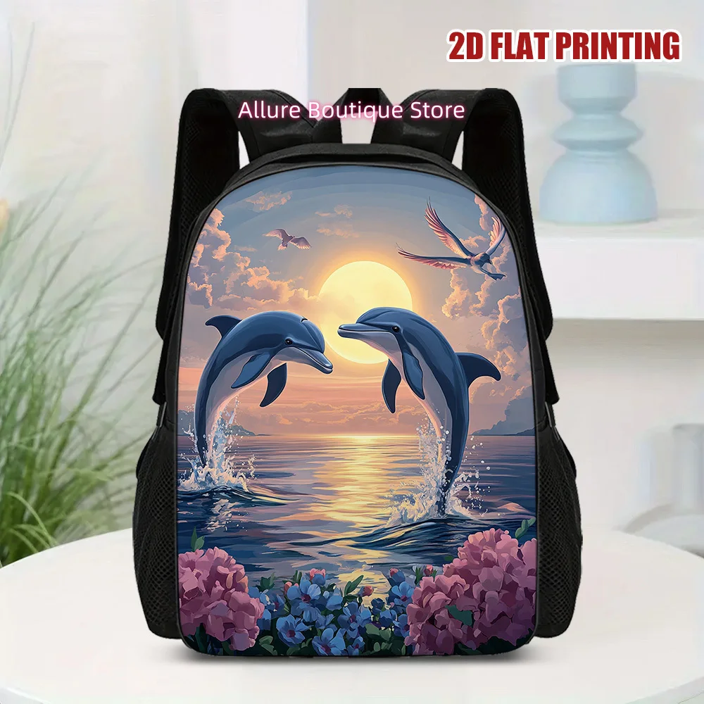 2D Flat Printing, 1pc Dolphins at Sunset Backpack, Classic Elegant Style, Perfect for Daily Work And Short Trips, for Teenager,