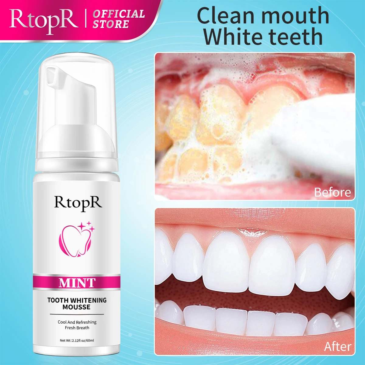 

RtopR Mint Whitening Teeth Mousse Teeth Whitening Removes Dental Plaque Improves Yellow Teeth Stains Cleans Mouth Fresh Breath