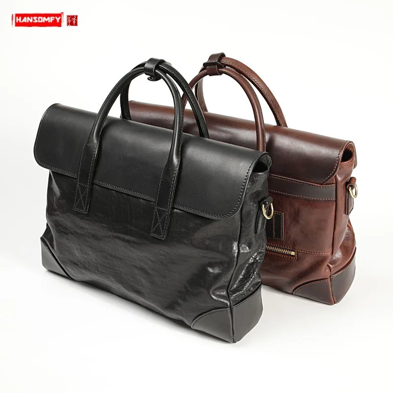 

Luxury Genuine Leather Business Men's Handbag Shoulder Bag Men Cowhide Diagonal Briefcase 15.6" Laptop Bags First Layer Leather