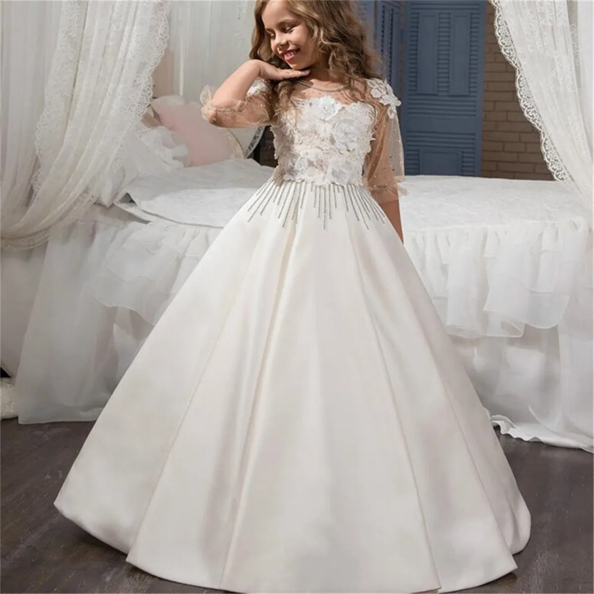 Flower Girl Dresses Elegant Satin Lace Applique Pageant Gown  For Little Girl First Holy Communion Birthday Party Dresses